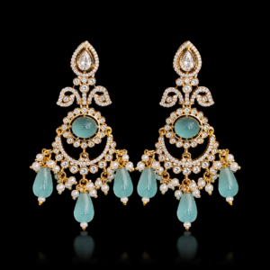 Gold-plated chandelier earrings featuring a teardrop CZ stud, intricate pavé scrollwork, a center oval sea-green stone, and hanging mint green teardrop bead drops with pearl clusters from Glorious Jewels.