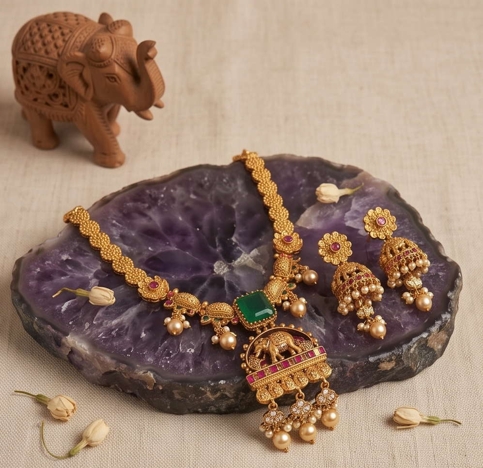 Traditional Heritage Style temple necklace set featuring an intricate elephant motif pendant, square green emerald stone, pink ruby accents, and matching jhumka earrings displayed on dark green velvet fabric.