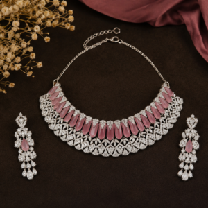 Pink American Diamond choker necklace set with matching long earrings featuring premium pink stones and sparkling cubic zirconia, perfect for bridal, wedding and party wear.