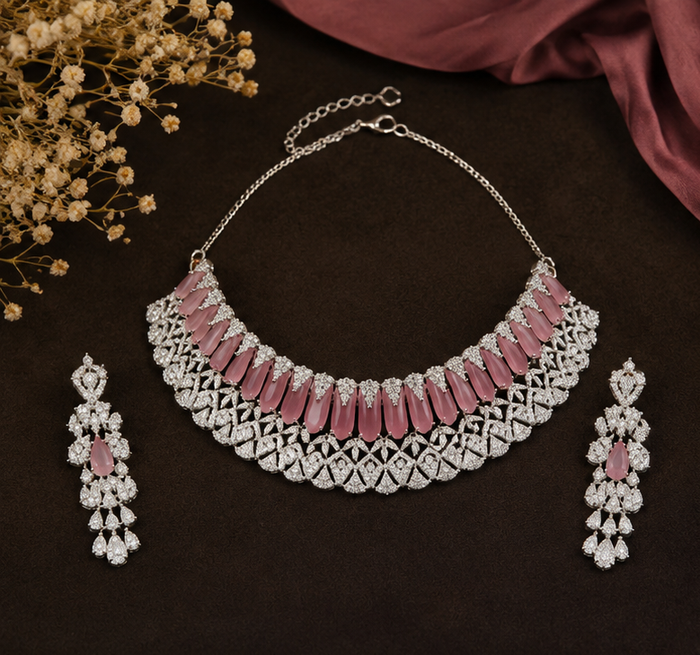 Pink American Diamond choker necklace set with matching long earrings featuring premium pink stones and sparkling cubic zirconia, perfect for bridal, wedding and party wear.