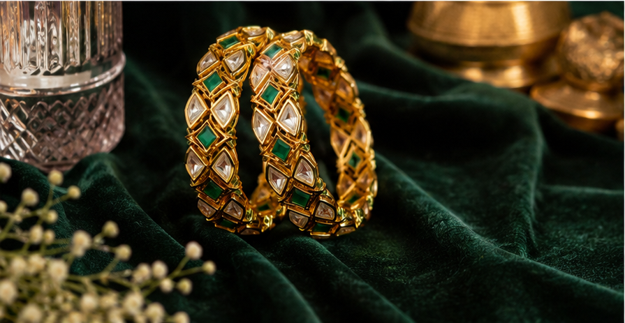 Pair of gold-plated broad bangles featuring a geometric lattice pattern of triangular bezel-set uncut Kundan polki stones and square emerald green center stones on green velvet by Glorious Jewels.