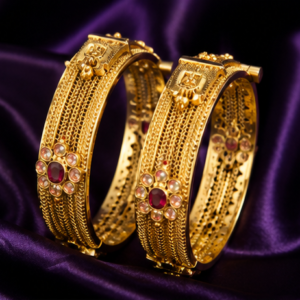 etailed view of gold-plated wedding kada bangle showing side hinge clasp, ruby center stone, and handcrafted mesh pattern on dark velvet background.