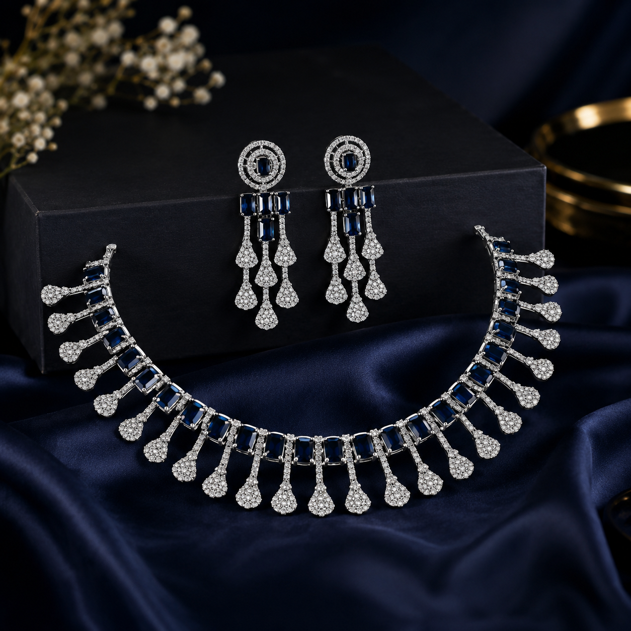 American Diamond necklace featuring a row of emerald-cut sapphire blue stones with dangling pavé CZ teardrop fringe drops & matching drop earrings featuring a circular sapphire blue drop from Glorious Jewels.