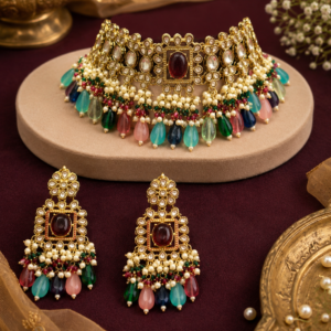 Traditional royal Kundan choker necklace set with matching earrings featuring pearl work and multicolor bead drops by Glorious Jewels Pune, perfect for bridal, wedding and festive wear.