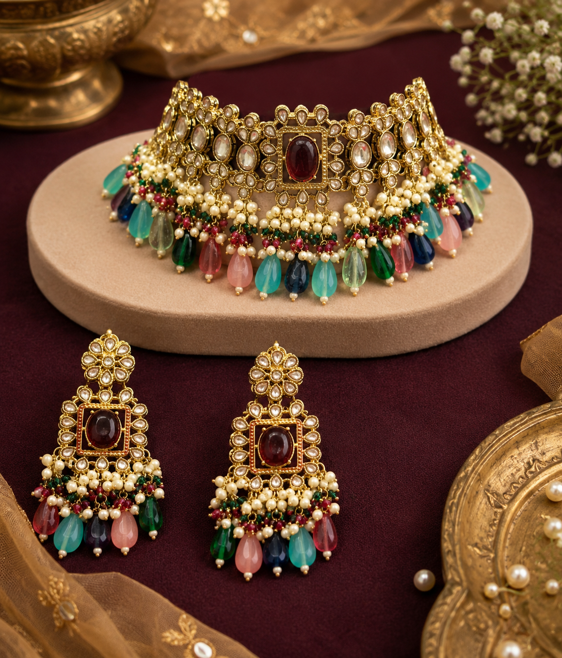 Traditional royal Kundan choker necklace set with matching earrings featuring pearl work and multicolor bead drops by Glorious Jewels Pune, perfect for bridal, wedding and festive wear.