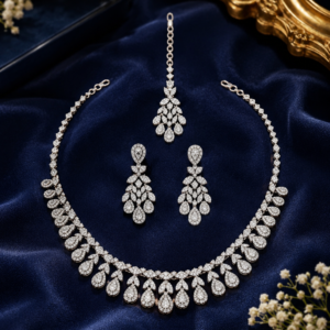 Premium American Diamond necklace set with matching chandelier earrings in silver finish by Glorious Jewels Pune, perfect for wedding and party wear.