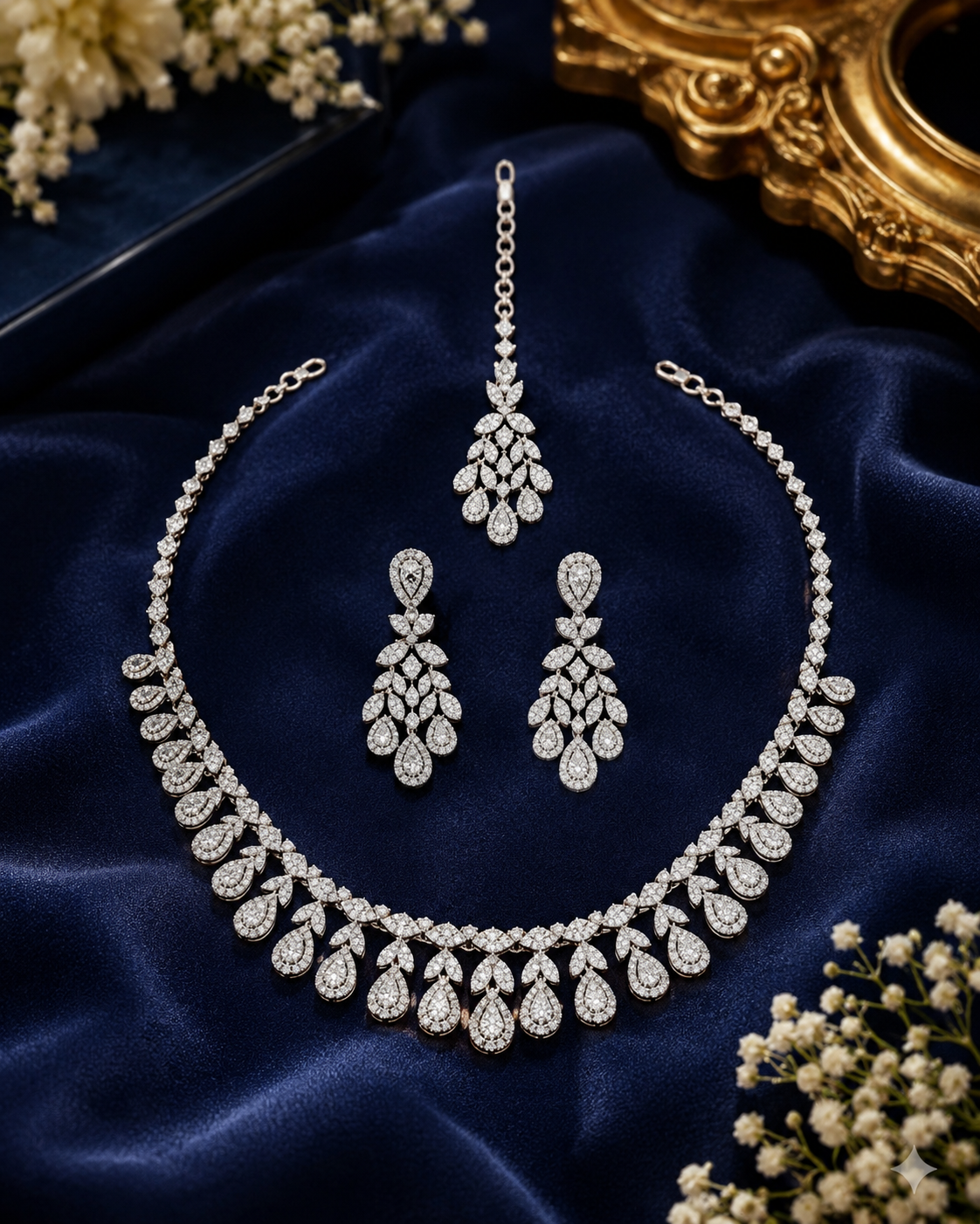 Premium American Diamond necklace set with matching chandelier earrings in silver finish by Glorious Jewels Pune, perfect for wedding and party wear.