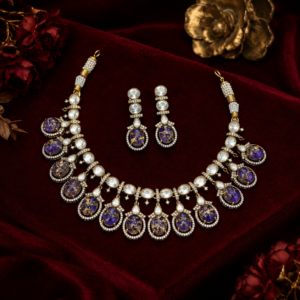 Kundan choker necklace featuring a row of clear uncured stones with dangling oval marbled purple and gold-veined cabochon gemstone drops framed in micro-pave CZ stones from Glorious Jewels.
