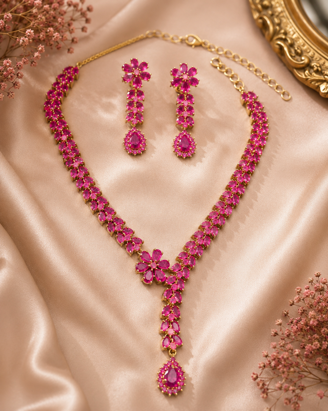 lariat-style necklace featuring a double band of marquise-cut ruby pink crystals centering on a floral bloom motif with a cascading teardrop pendant from Glorious Jewels.
