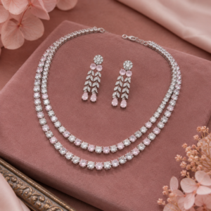 Elegant pink crystal double layer artificial necklace with matching drop earrings by Glorious Jewels Pune, perfect for weddings, parties and festive occasions.