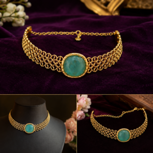 Gold finish designer choker necklace with green stone centerpiece from Glorious Jewels