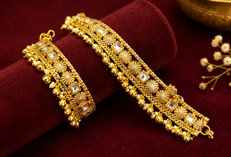 Pair of heavy gold-plated broad bridal payal anklets featuring square Kundan stones, floral motifs, pearl drops, and ghungroos.
