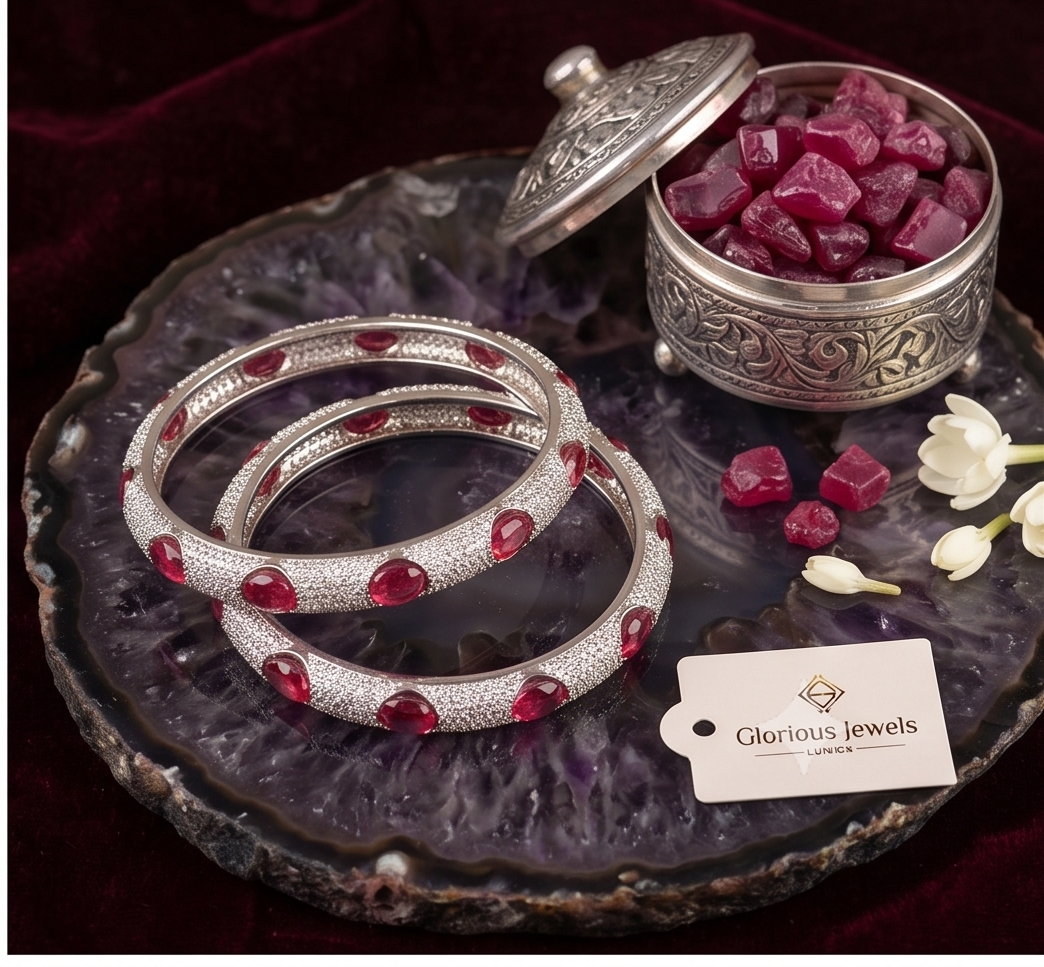 Pair of silver-plated micro-pave CZ bangles studded with oval ruby red gemstones resting on a purple agate slice next to an antique silver box filled with raw rubies.