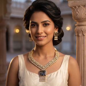 Traditional Gold-Plated V Choker Set with Square Doublet stone Pendant & Kundan Drops
