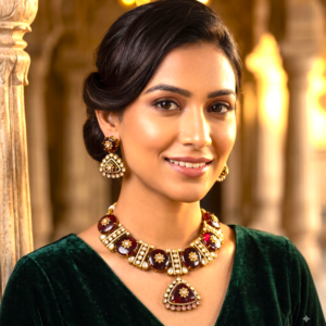 Heritage Gold-Plated Round Gemstone Choker Necklace with Kundan Halo & Drop Earrings