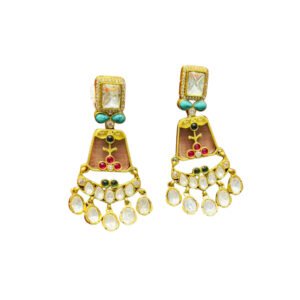 Gold uncut polki drop earrings with turquoise and ruby accents on a white background