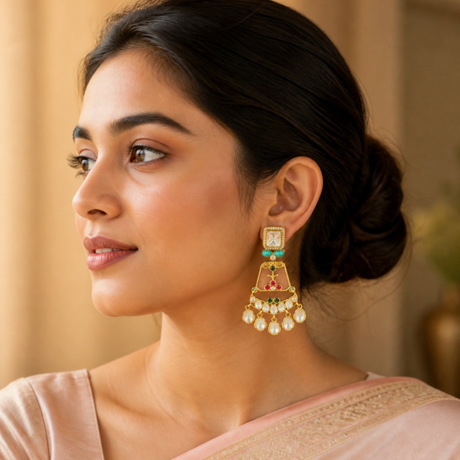 Woman wearing gold uncut polki drop earrings with a blush silk saree